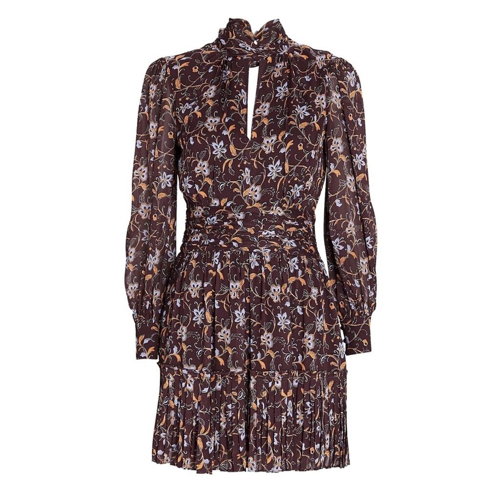 Nicholas Gemma Chiffon Mini Dress Pleated Keyhole Cutout Jasmine Floral 14 NWT